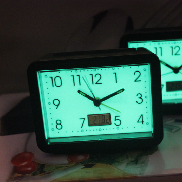 Glow in the dark alarm clock, aluminus alarm clock #28301